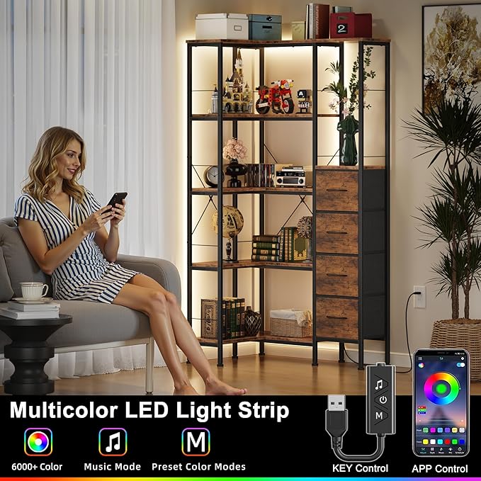 Corner Bookshelf with LED Light Strips & 4 Fabric Drawers, 5-Tier Convertible - Image 3