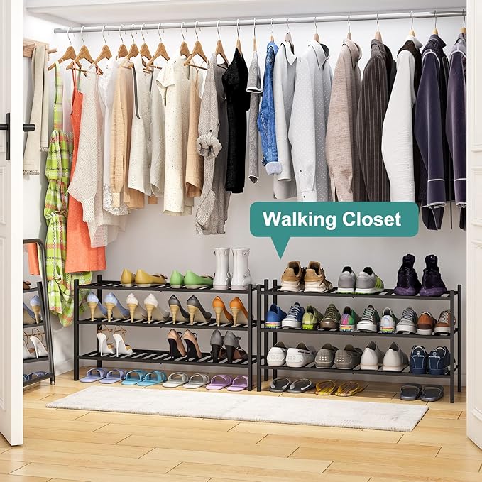 3-Tier Long Black Shoe Rack, Bamboo Wood Shoe Rack - Image 2