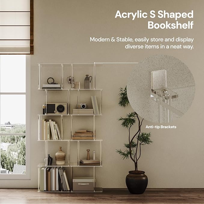 Acrylic Geometric Bookshelf for Small Spaces, 6-Tier Tall Clear S Shaped - Image 6
