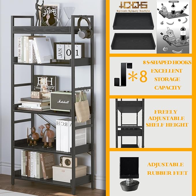 HCHQHS 5 Tier Bookshelf, Adjustable Industrial Bookcase, Vertical Tall Book - Image 5
