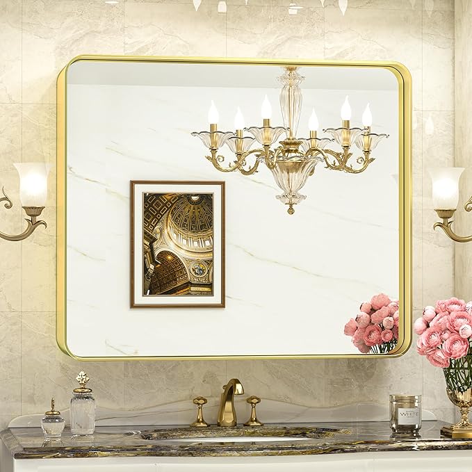 TokeShimi Gold Bathroom Mirror for Wall 42x36 Inch Rounded Corner Rectangle in by RefinedBathroomAccessories