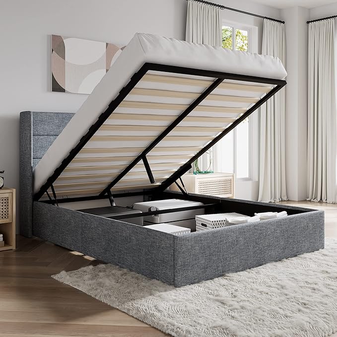 SHA CERLIN Full Size Lift Up Storage Bed/Modern Wingback Headboard/Upholstered by SHACERLIN
