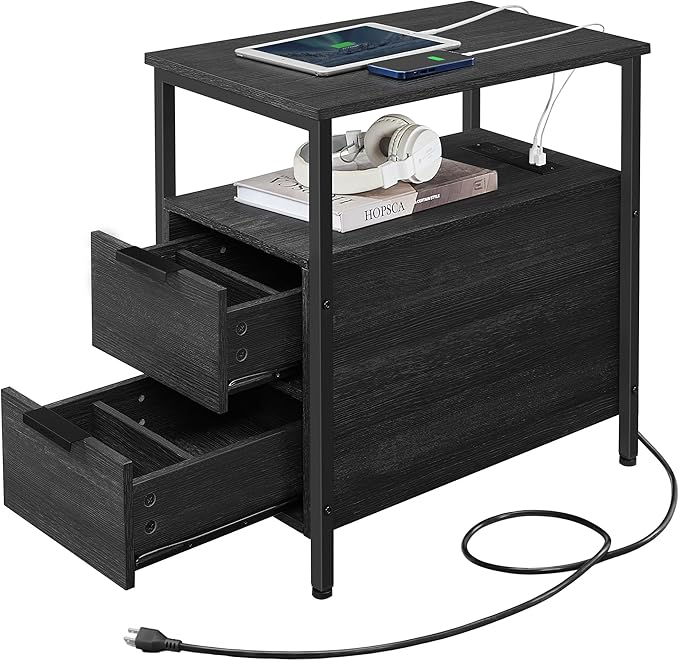 VASAGLE Side Table with Charging Station, Narrow End Table with 2 Drawers by VASAGLEbySONGMICSHOME