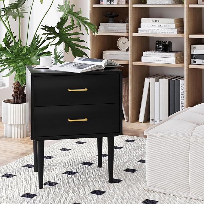 Black Nightstand with 2 Drawers, Tall Modern Night Stand Black, Wooden Night - Image 5