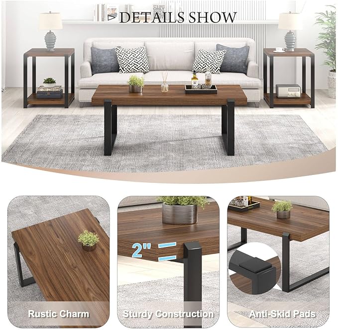FOLUBAN Modern Coffee Table, Rustic Wood and Metal Center Table, Industrial - Image 5