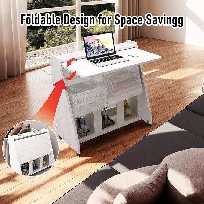 Pmnianhua Farmhouse Portable Desk on Wheels, Mobile Workstation, Rolling - Image 5