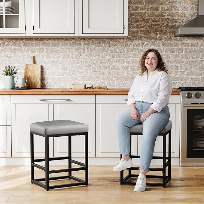 Counter Height Bar Stools Set of 2, Faux Leather Counter Stools - Image 4