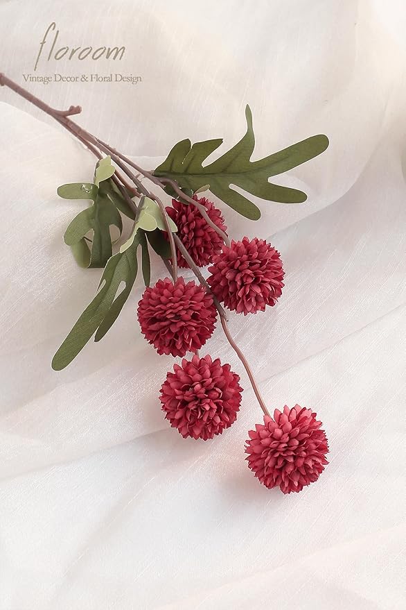 Floroom 5pcs Dark Red Faux Silk Mums Artificial Flowers, Bulk Fake Small Mini - Image 3