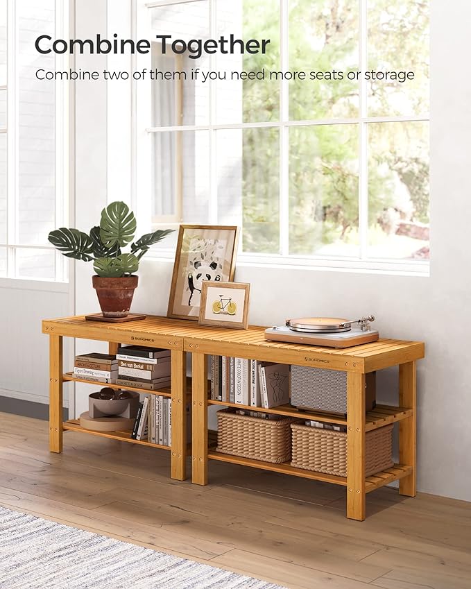 SONGMICS Shoe Rack Bench, 3-Tier Bamboo Shoe Storage Organizer, Entryway Bench - Image 7