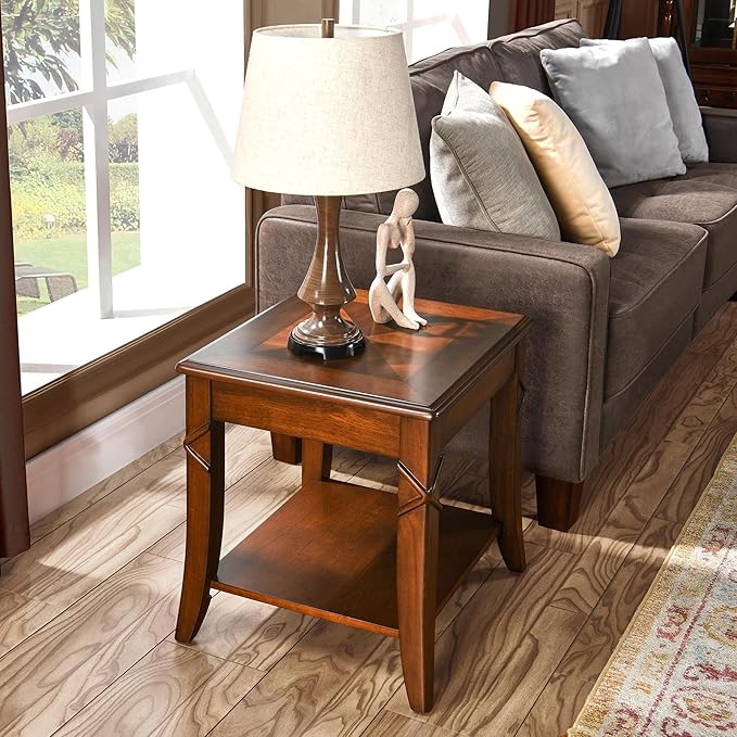 Solid Wood Side Table with Storage Shelf, Cherry Wood End Tables Living Room - Image 7