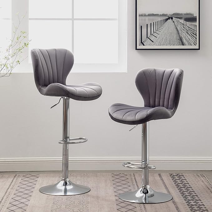 Roundhill Furniture Ellston Velvet Adjustable Swivel Barstools in Gray - Image 2
