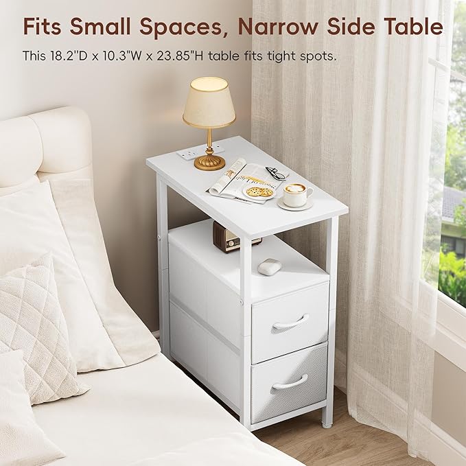 Vagusicc White Nightstand with Charging Station and LED Lights, Narrow Side - Image 5