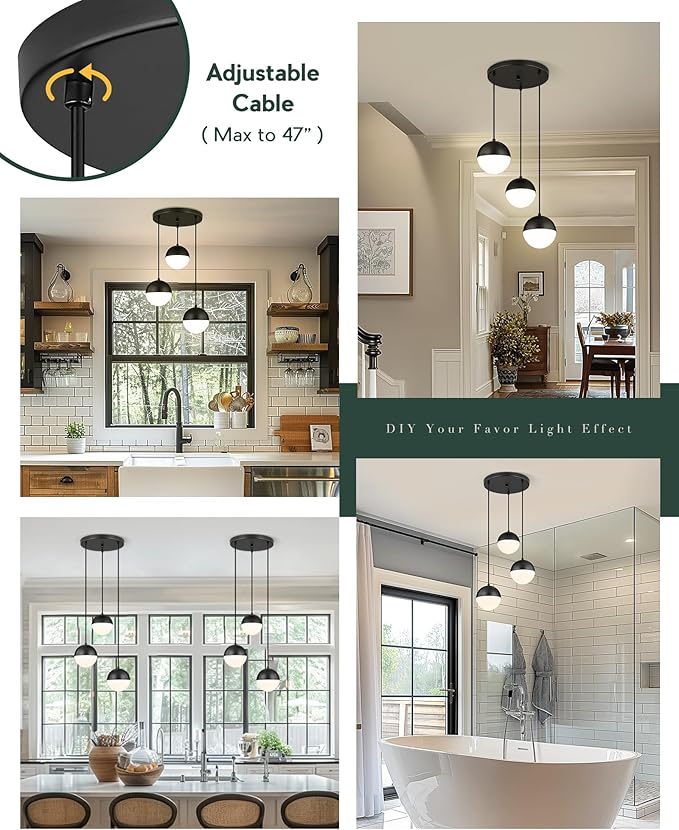 LMS Mid Century 3-Light Cluster Pendant Lights, Matte Black Kitchen Island - Image 5