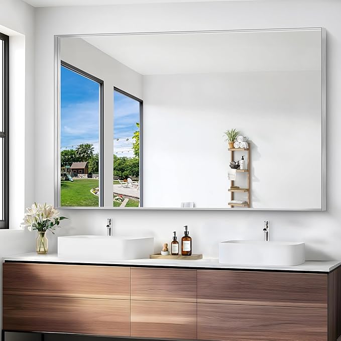 Silver Bathroom Mirror, 60x40 Inch Rectangular Framed Mirror, Large Wall - Image 6