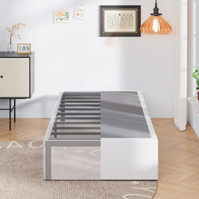 16 Inch Twin Bed Frames with White Skirt Cover, Metal Twin Size Bed Frame with by Upcanso