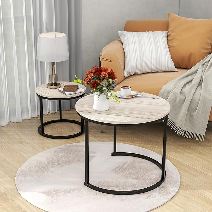 Round Coffee Table Set of 2 for Living Room, Nesting Tables Metal Frame/Wood - Image 4