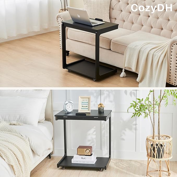 CozyDH Adjustable C Shaped End Table, Rolling Side Table Solid Wood TV Sofa - Image 7
