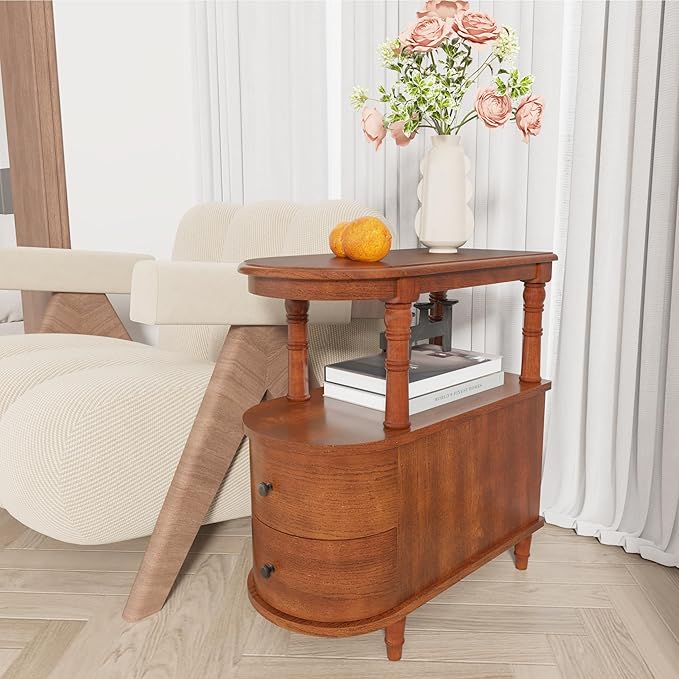 Wood End Table with 2 Drawers and Storage Shelf, Narrow Sofa Side Table - Image 5