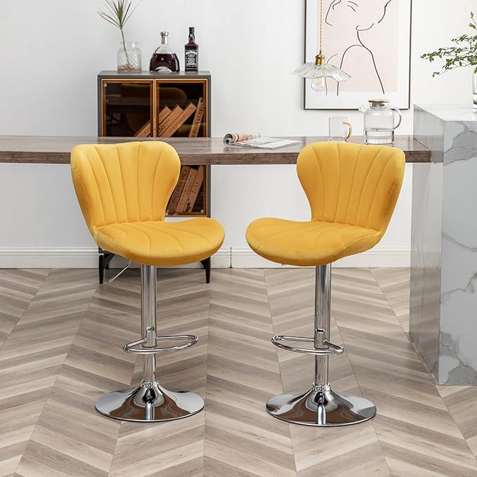 Roundhill Furniture Ellston Velvet Adjustable Swivel Barstools in Yellow - Image 6
