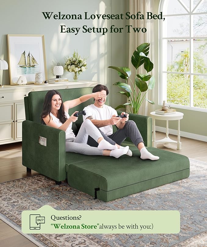 53” Convertible Sofa Bed Couch, Corduroy Couch Bed, 6-Position Loveseat Sleeper - Image 7
