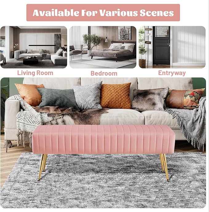 Furniliving 44 Inch Velvet Bench, Upholstered Tufted Striped Fabric Bedroom - Image 6