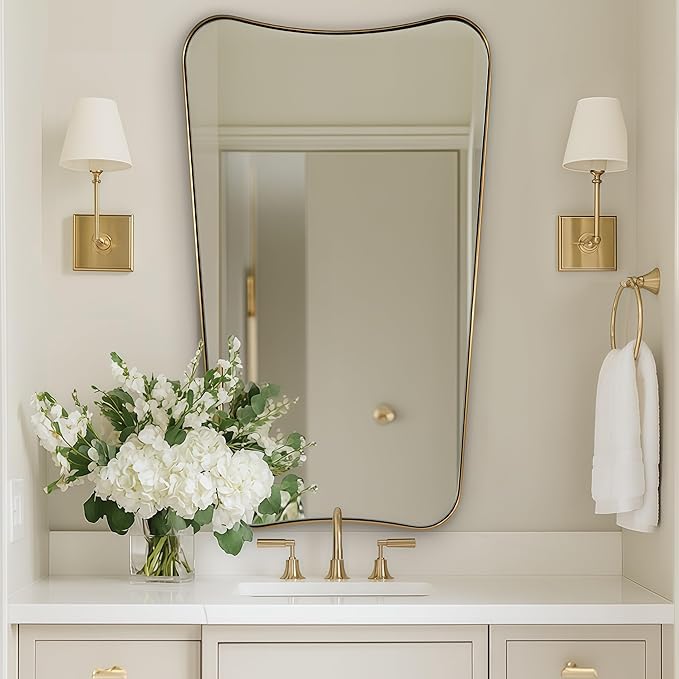 Brushed Gold Bathroom Mirror, 24x40 Inch Gold Irregular Bathroom Vanity Mirror by Mirrorartmirror