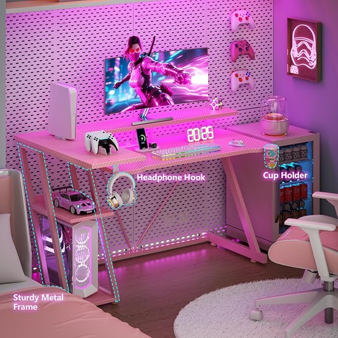 47 Inch Pink Gaming Desk with Power Outlet & LED Lights, Corner Computer Desk - Image 6