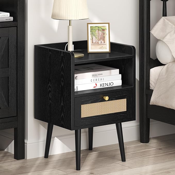 Nightstand Rattan with Charging Station, Mid Century Modern Bed Side Table - Image 2