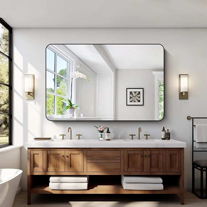 Bathroom Mirror, 55x36 inch Black Rectangle Wall Mirror, Metal Frame Rounded - Image 2