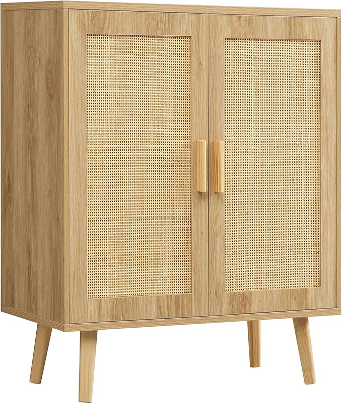 Iwell Storage Cabinet with 2 Shelves, Rattan Cabinet with 2 Doors, Sideboard by IWELL