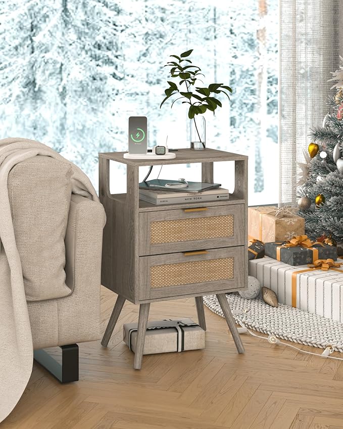 Rattan Nightstand with Charging Station, Modern Bedside Table with 2 Storage - Image 7