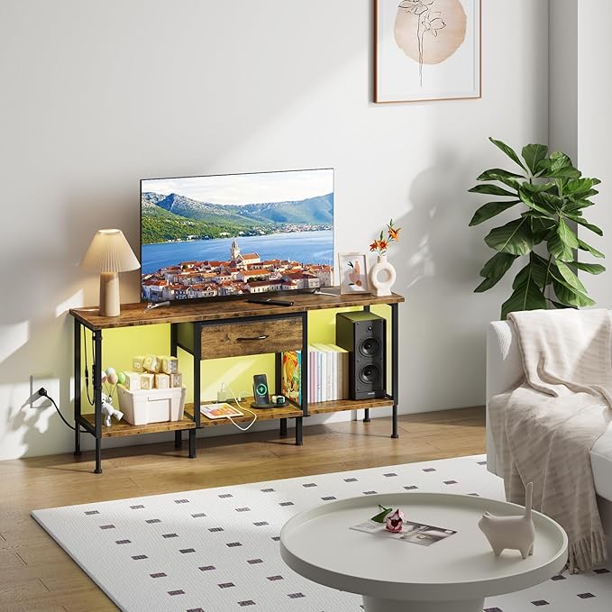 LED TV Stand with Power Outlet and Fabric Drawer - Image 8