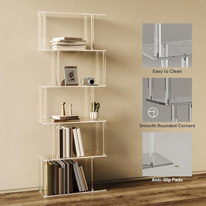 Acrylic Geometric Bookshelf, 6-Tier Clear Bookcase, S Shaped Bookshelf - Image 5
