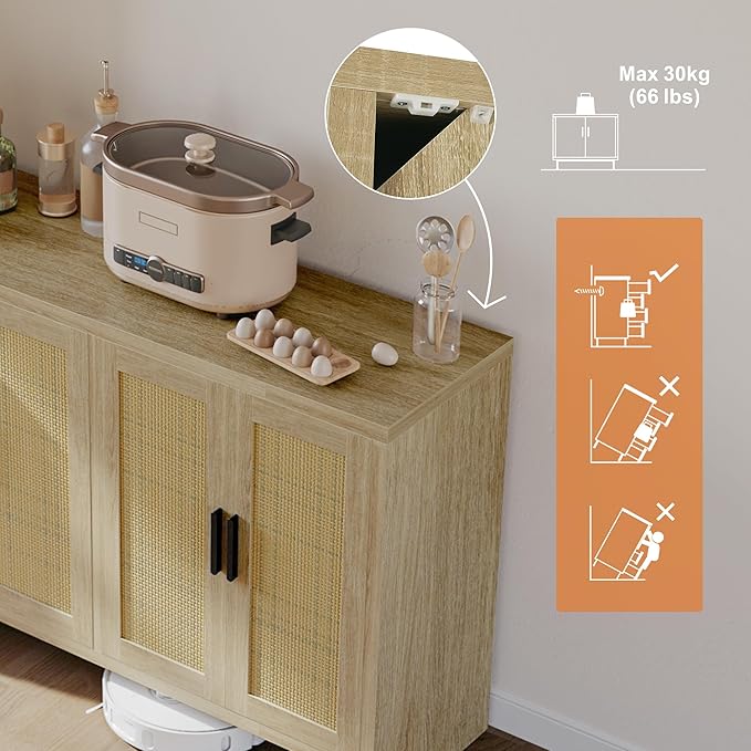 Rattan Buffet Cabinet with Storage, Sideboard with Doors, TV Stand, Farmhouse - Image 8