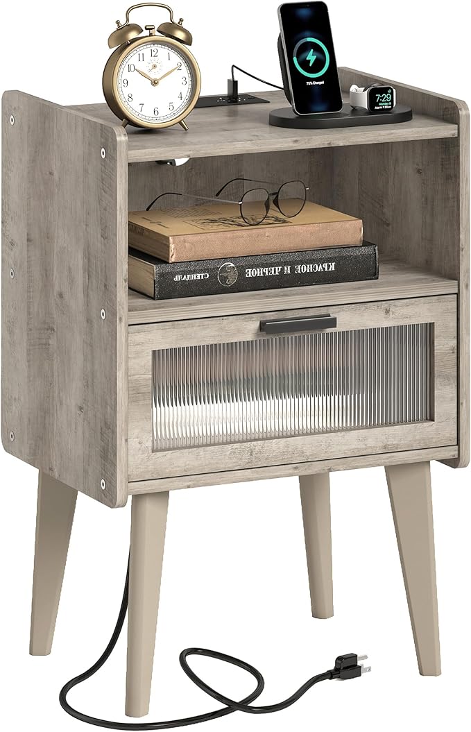 Nightstand with Charging Station, Bedside Tables Oak Grey End Table Side Table by MMEOLUOOK