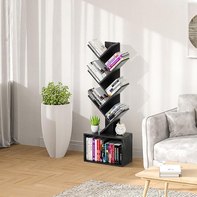 6 Tier Tree Bookshelf, Sturdy Retro Floor Standing Wood Bookcase, Storage Rack - Image 8