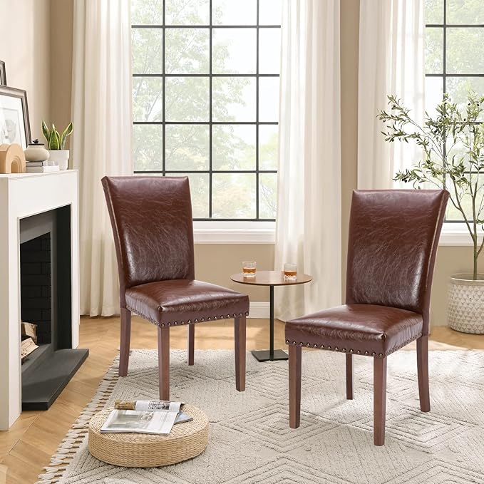 Parsons Dining Chairs Set of 4, Upholstered Nailhead PU Leather Dining Room - Image 7