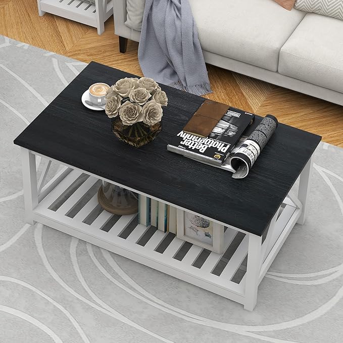 Farmhouse Coffee Table, 2-Tier Rectangular Wooden Centre Cocktail Table - Image 3