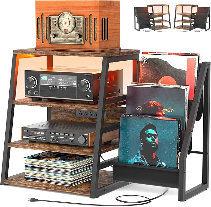 AV Media Stand with Outlets, Stereo Stands and Racks with Vinyl Storage by Besiost