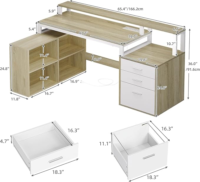 DWVO L Shaped Desk with Drawers, Corner Home Office Desk with Storage Shelves & - Image 2