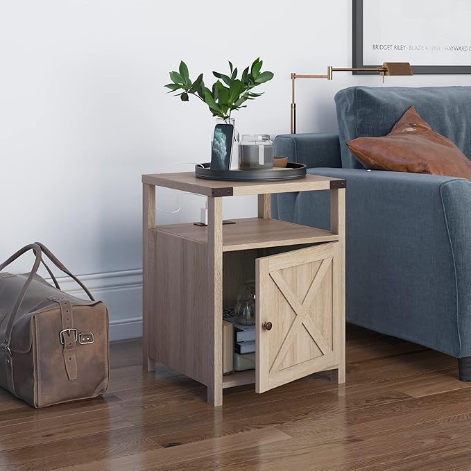 Farmhouse Nightstand with Charging Station, Rustic End Table Bedroom with - Image 2