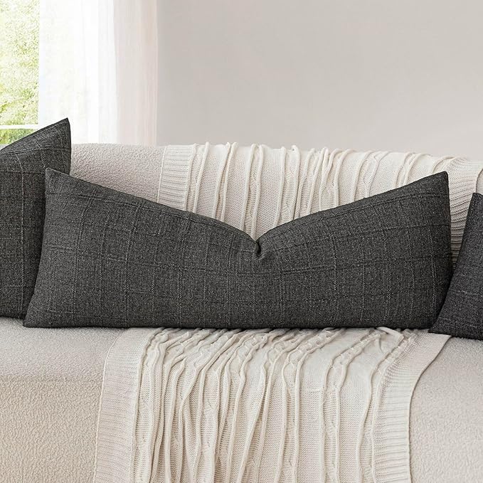 Foindtower Set of 2 Decorative Linen Check Throw Pillow Covers Neutral Long - Image 5