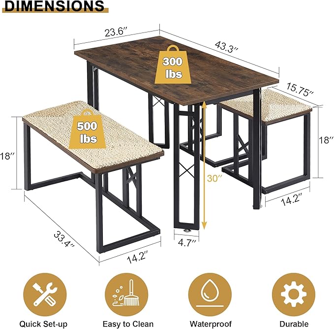 VECELO 43.3" Dining Table Sets, Farmhouse Small Kitchen Table - Image 2