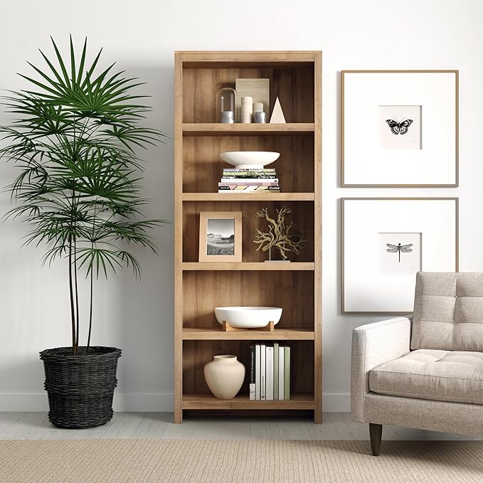 Prepac Moda 5-Tier Tall Wooden Bookcase, Oak Storage Cabinet, Display Cabinet - Image 2