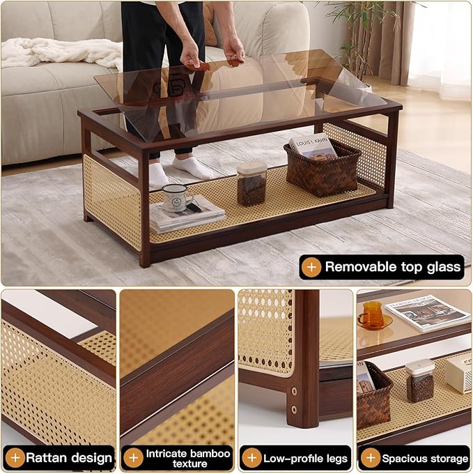 Welnow Rattan Coffee Tables for Living Room, Modern 2-Tier Coffee Table - Image 5