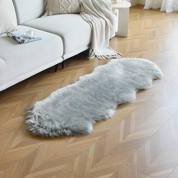duduta Grey Faux Sheepskin Runner Rugs 2x6 ft, Fluffy Shag Bedroom Rug Decor by Duduta