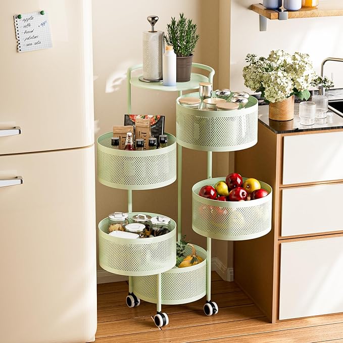 JAQ Rotating Fruit Basket, 5-Tier Metal Sturdy Kitchen Storage Rack Shelf Carts - Image 6