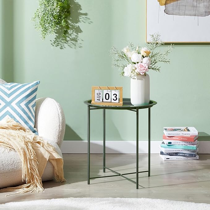VECELO Side/End Table, Folding Round Metal Anti-Rust and Waterproof Outdoor or - Image 2