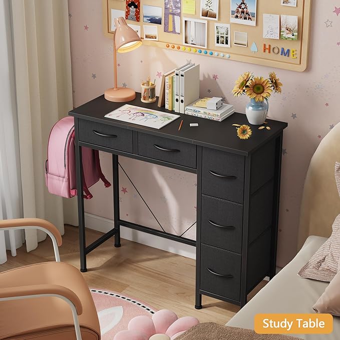 Small Computer Desk with 5 Fabric Drawers, 33 Inch Writing Desk - Image 9