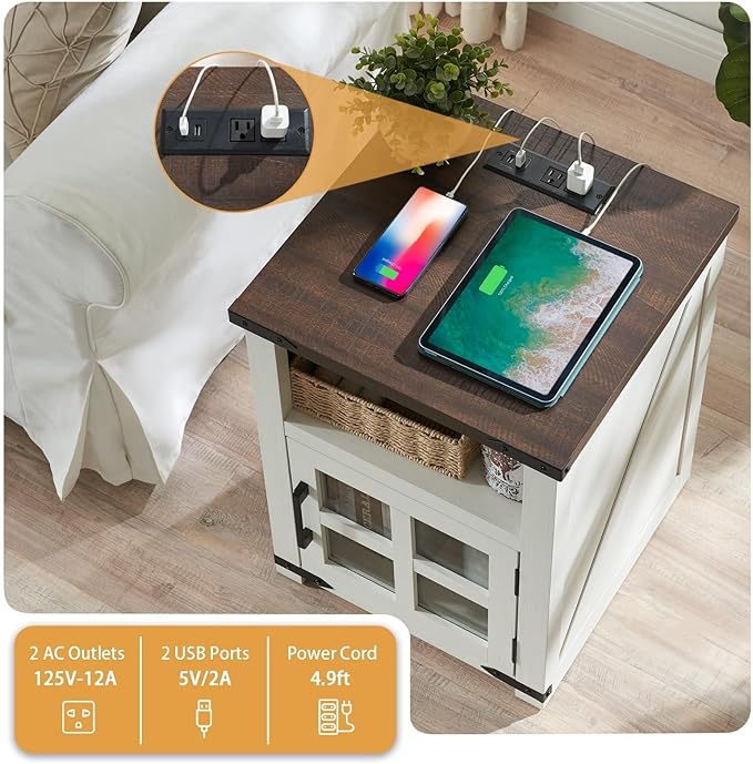 Farmhouse Nightstand with Charging Station, Rustic End Table with Tempered - Image 3